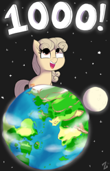 Size: 1446x2262 | Tagged: safe, artist:heretichesh, oc, oc only, oc:callista, earth pony, pony, celebration, cloud, earth, female, filly, from space, happy, macro, milestone, moon, numbers, planet, solo, space, stars, text