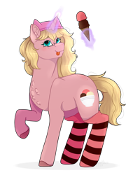 Size: 2304x2882 | Tagged: safe, artist:saramicro, oc, oc:mille feuille, pony, unicorn, :p, back freckles, chest fluff, clothes, food, freckles, glasses, hat, high res, ice cream, levitation, looking at you, magic, raised hoof, smiling, socks, striped socks, telekinesis, tongue out
