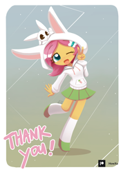Size: 1000x1407 | Tagged: safe, artist:howxu, angel bunny, fluttershy, rabbit, equestria girls, g4, animal, blushing, clothes, cute, duo, female, hoodie, looking at you, one eye closed, open mouth, patreon, patreon logo, peace sign, shyabetes, skirt, sweater, text, wink