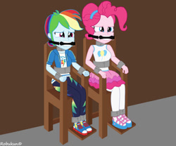 Size: 979x816 | Tagged: safe, artist:robukun, pinkie pie, rainbow dash, equestria girls, g4, bit gag, bondage, bound and gagged, breasts, dashsub, female, femsub, gag, help us, pinkiesub, rainbond dash, submissive, tied to chair