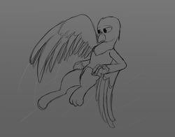 Size: 2800x2200 | Tagged: safe, artist:somber, oc, oc only, griffon, flying, griffon oc, high res, male, sad, sketch, solo