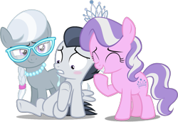 Size: 1017x698 | Tagged: safe, artist:deserter, artist:frownfactory, artist:liggliluff, artist:ready2fail, edit, edited edit, editor:slayerbvc, vector edit, diamond tiara, rumble, silver spoon, earth pony, pegasus, pony, blushing, colt, featureless crotch, female, filly, giggling, glasses, jewelry, looking down, male, necklace, raised hoof, simple background, sitting, smug, spread legs, spreading, tiara, transparent background, underhoof, vector