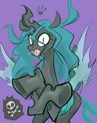 Size: 1604x2048 | Tagged: safe, artist:noupu, queen chrysalis, changeling, changeling queen, g4, female, open mouth, purple background, simple background, skull and crossbones, solo, tongue out