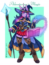 Size: 3072x4096 | Tagged: safe, artist:ambris, twilight sparkle, unicorn, anthro, unguligrade anthro, adventuring is magic, g4, boots, boots on hooves, clothes, dress, fantasy class, hat, high res, mage, magical staff, shoes, staff, thigh boots, title drop, witch costume, witch hat, wizard, wizard hat, zettai ryouiki