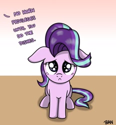 Size: 1867x2015 | Tagged: safe, artist:banquo0, starlight glimmer, pony, unicorn, g4, abuse, female, floppy ears, glimmerbuse, hornless unicorn, implied twilight sparkle, mare, missing horn, pleading, simple background, sitting, solo, text