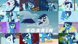 Size: 1280x721 | Tagged: safe, edit, edited screencap, editor:quoterific, screencap, fleetfoot, misty fly, soarin', pegasus, pony, g4, newbie dash, rainbow falls, rarity investigates, sonic rainboom (episode), the best night ever, clothes, compilation, cute, eating, eyes closed, female, flying, goggles, looking down, male, open mouth, pie, raised hoof, shocked, soarinbetes, stallion, teeth, that pony sure does love pies, trio, uniform, wonderbolts, wonderbolts uniform