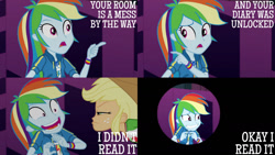 Size: 1280x720 | Tagged: safe, edit, edited screencap, editor:quoterific, screencap, applejack, rainbow dash, constructive criticism, constructive criticism: rainbow dash, equestria girls, g4, my little pony equestria girls: choose your own ending, applejack is not amused, applejack's hat, clothes, cowboy hat, cutie mark, cutie mark on clothes, duo, duo female, female, geode of super speed, geode of super strength, gritted teeth, hat, hoodie, magical geodes, open mouth, unamused