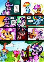 Size: 752x1063 | Tagged: safe, artist:liaaqila, apple bloom, rainbow dash, scootaloo, sweetie belle, twilight sparkle, alicorn, earth pony, pegasus, pony, unicorn, g4, 3d, bandage, bandaged head, bandaged wing, big red button, borderlands, borderlands the pre-sequel, butt, cartoon violence, catapult, chalkboard, clothes, comic, cute, cutealoo, cutie mark crusaders, glasses, heartbeat, lab coat, plot, press the button, rapeface, reinterpretation, scared, slapstick, starry eyes, this will end in death, this will end in tears, this will end in tears and/or death, this will end in tears and/or death and/or covered in tree sap, traditional art, twilight sparkle (alicorn), waving, wingding eyes, wings