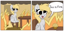 Size: 4096x1988 | Tagged: safe, artist:kittyrosie, derpy hooves, pegasus, pony, g4, chair, cute, derpabetes, fire, food, meme, muffin, open mouth, ponified meme, sitting, solo, speech bubble, table, this is fine