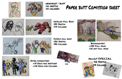 Size: 4150x2702 | Tagged: safe, artist:paper view of butts, oc, oc:paper butt, oc:skecher haret, demon, demon pony, human, pony, anthro, advertisement, ball, bread, clothes, commission info, food, football, hoodie, ink, ink drawing, jacket, jumpsuit, price sheet, skull, sniper, tank (vehicle), traditional art, tree, vault boy, vault suit, weapon