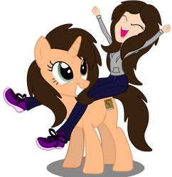 Size: 1280x1321 | Tagged: safe, artist:small-brooke1998, artist:stryapastylebases, oc, oc:small brooke, human, pony, unicorn, equestria girls, g4, base used, cheering, eyes closed, grin, human ponidox, humans riding ponies, open mouth, riding, self ponidox, smiling