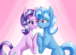 Size: 2200x1600 | Tagged: safe, artist:zachc, starlight glimmer, trixie, pony, unicorn, g4, cheek squish, concave belly, cutie mark, duo, female, friendship chant, holding hooves, horn, looking at each other, skinny, slender, squishy cheeks, sternocleidomastoid, thin