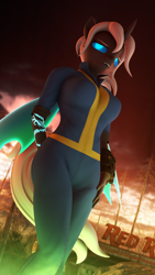 Size: 2160x3840 | Tagged: safe, artist:jacob_lhh3, oc, oc only, oc:dragonfly, changeling, anthro, plantigrade anthro, 3d, changeling oc, clothes, fallout, female, glowing eyes, glowing tattoos, high res, jumpsuit, nexgen, pipboy, ponytail, radioactive, solo, source filmmaker, sunlight, vault suit, wings