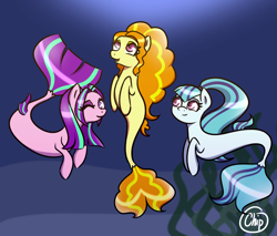 Size: 2000x1700 | Tagged: safe, artist:plaguemare, adagio dazzle, aria blaze, sonata dusk, seapony (g4), g4, adoragio, ariabetes, cute, dazzlebetes, female, fins, fish tail, flowing mane, flowing tail, group shot, happy, looking at you, mare, ocean, one eye closed, seaponified, seaweed, siblings, sisters, smiling, sonatabetes, species swap, swimming, tail, the dazzlings, underwater, water, wink, winking at you