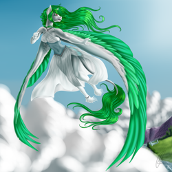 Size: 2160x2160 | Tagged: safe, artist:crazyaniknowit, oc, oc only, oc:amalthea, pegasus, anthro, clothes, cloud, dress, female, flying, high res, solo