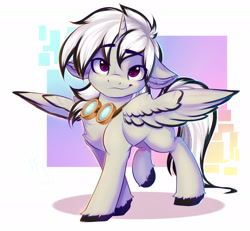 Size: 2380x2199 | Tagged: safe, artist:falafeljake, oc, oc only, oc:dark tempest, alicorn, pony, alicorn oc, cute, eyebrows, eyebrows visible through hair, high res, horn, looking at you, male, raised leg, simple background, smiling, smiling at you, smirk, solo, stallion, wings