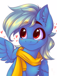 Size: 1200x1600 | Tagged: safe, artist:falafeljake, oc, oc only, oc:malfurim, pegasus, pony, blushing, clothes, ear fluff, heart, scarf, simple background, smiling, solo, white background