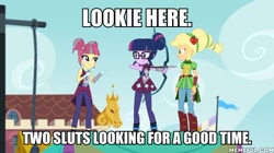 Size: 600x337 | Tagged: safe, edit, edited screencap, screencap, applejack, sci-twi, sour sweet, twilight sparkle, equestria girls, g4, my little pony equestria girls: friendship games, applejack is not amused, caption, crying, female, glasses, hatless, image macro, missing accessory, pointing, text, trio, trio female, unamused