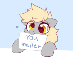 Size: 496x483 | Tagged: safe, artist:mirtash, derpy hooves, pegasus, pony, g4, blue background, cute, derpabetes, female, heart, mare, mouth hold, positive ponies, sign, simple background, smiling, solo, truth