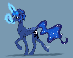 Size: 1072x852 | Tagged: safe, artist:skruxghost, princess luna, alicorn, pony, g4, alternate hairstyle, blue background, colored wings, compact mirror, concave belly, ethereal mane, ethereal tail, female, folded wings, galaxy, galaxy mane, glowing horn, hair bun, horn, levitation, lipstick, magic, makeup, mare, mirror, raised hoof, signature, simple background, slender, solo, sternocleidomastoid, tail, telekinesis, thin, two toned wings, walking, wings