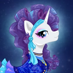 Size: 2048x2048 | Tagged: safe, artist:turtletroutstudios, rarity, pony, unicorn, g4, alternate hairstyle, clothes, female, high res, jewelry, makeup, mare, retro, solo