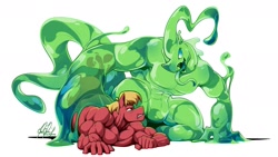 Size: 1887x1061 | Tagged: safe, artist:ponyanony, big macintosh, oc, changeling, goo, anthro, g4, abs, absorption, biceps, changeling slime, great macintosh, male, muscles, muscular male