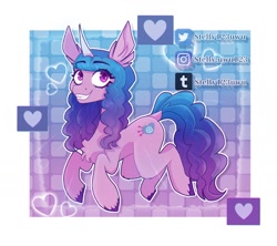 Size: 1840x1634 | Tagged: dead source, safe, artist:stelly123uwu, izzy moonbow, pony, unicorn, g5, abstract background, chest fluff, cute, ear fluff, female, grin, heart, instagram, izzybetes, mare, raised hoof, smiling, solo, tumblr, twitter link, unshorn fetlocks