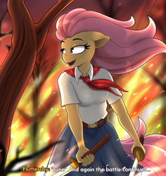 Size: 5200x5500 | Tagged: safe, artist:felixf, fluttershy, anthro, g4, clothes, female, filly, fire, katana, pioneer, sword, uniform, weapon