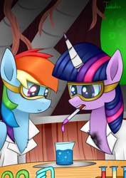 Size: 2480x3507 | Tagged: safe, artist:twidasher, rainbow dash, twilight sparkle, pegasus, pony, g4, bandaged horn, burn marks, chemistry, clothes, duo, female, goggles, high res, horn, lab coat, lesbian, mouth hold, pipette, safety goggles, ship:twidash, shipping, signature, test tube