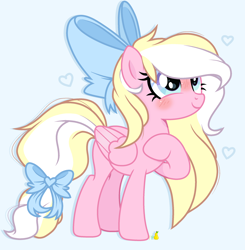 Size: 2328x2376 | Tagged: safe, artist:l_emirona_l, oc, oc only, oc:bay breeze, pegasus, pony, blushing, bow, cute, female, hair bow, high res, looking up, mare, missing cutie mark, ocbetes, simple background, tail bow