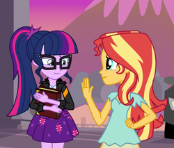 Size: 1024x874 | Tagged: safe, artist:emeraldblast63, sci-twi, sunset shimmer, twilight sparkle, equestria girls, g4, bittersweet, book, canterlot high, car, clothes, crying, cute, duo, duo female, female, glasses, goodbye, heartwarming, holding a book, jacket, journal, legs together, sad, sad smile, sci-twi skirt, sci-twiabetes, series finale, shimmerbetes, shipping fuel, skirt, sunset, sunset's journal, tears of joy, teary eyes, the end of equestria girls, transparent skirt, twiabetes, waving