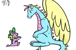 Size: 648x425 | Tagged: safe, artist:moonstruck-badger, spike, dragon, g4, dragon tales, dragoness, duo, female, large wings, male, priscilla (dragon tales), simple background, white background, wings
