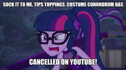 Size: 888x499 | Tagged: safe, edit, edited screencap, screencap, sci-twi, twilight sparkle, equestria girls, equestria girls series, g4, spring breakdown, angry, choose your own ending drama, drama, engrish, female, glasses, implied youtube, milady record, narrowed eyes, open mouth, rage, ragelight sparkle, sci-twi is not amused, solo, youtube kids shit