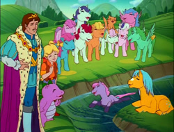 Size: 1420x1080 | Tagged: safe, artist:toei animation co., screencap, applejack (g1), bow tie (g1), bubbles (g1), cotton candy (g1), ember (g1), firefly, first born, glory, medley, megan williams, moondancer (g1), prince scorpan, scorpan, spike (g1), twilight, twinkles, dragon, earth pony, human, pegasus, pony, unicorn, g1, my little pony 'n friends, rescue at midnight castle, bad quality, coat markings, everypony laughs ending, facial markings, female, happy, height scale, king, laughing, laughingmares.jpg, male, mare, size comparison, star (coat marking)
