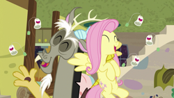 Size: 1280x720 | Tagged: safe, edit, edited screencap, screencap, discord, fluttershy, draconequus, pegasus, pony, discordant harmony, g4, duo, eyes closed, female, flying, laughing, male, open mouth, rotated, teabag, upside down
