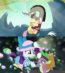 Size: 1280x1440 | Tagged: safe, screencap, discord, fluttershy, rarity, spike, draconequus, dragon, pegasus, pony, unicorn, dragon dropped, g4, to where and back again, basket, blushing, claw hold, duo, eyes closed, female, gem, gem cave, hat, headlamp, hoof hold, hug, male, shipping fuel