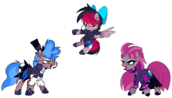 Size: 3880x2215 | Tagged: safe, artist:greensdc, oc, oc only, oc:shadow sapphire, oc:terara, oc:thunder sea, earth pony, pegasus, pony, unicorn, armor, bow, broken horn, choker, clothes, eyeshadow, female, flying, hair bow, hat, headset, high res, hoof shoes, horn, jacket, leather jacket, makeup, mare, open mouth, raised hoof, scar, shirt, simple background, skirt, spiked choker, top hat, transparent background, trio
