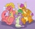 Size: 1200x1014 | Tagged: safe, artist:thedoggygal, smolder, spike, dragon, g4, cassie (dragon tales), commissioner:foxlover91, crossover, dragon tales, dragoness, drunk, drunker smolder, drunker spike, female, male, purple background, simple background, trio, winged spike, wings