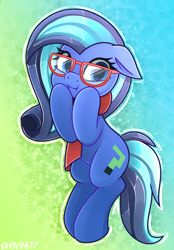 Size: 1668x2400 | Tagged: safe, artist:rivin177, oc, oc only, earth pony, pony, blue eyes, clothes, commission, cute, floppy ears, glasses, hooves on cheeks, ocbetes, scarf, slayer, solo