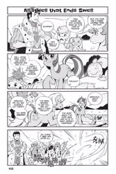 Size: 2037x3056 | Tagged: safe, applejack (g1), prince scorpan, scorpan, spike (g1), twilight sparkle, earth pony, human, pegasus, pony, unicorn, g1, g4, my little pony: the manga, my little pony: the manga volume 3, spoiler:manga3, big crown thingy, bow, butt, comic, element of magic, everypony laughs ending, female, high res, jewelry, male, manga, mare, monochrome, plot, regalia, tail bow