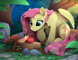 Size: 2400x1860 | Tagged: safe, artist:yakovlev-vad, fluttershy, pegasus, pony, snail, g4, apple, cute, female, food, forest, lacrimal caruncle, mare, scenery, shyabetes, slender, solo, thin, tree, tree stump