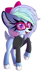 Size: 2090x3582 | Tagged: safe, artist:windykirin, oc, oc only, oc:parity bit, deer, bow, clothes, deer oc, female, glasses, high res, hoodie, long eyelashes, simple background, solo, transparent background