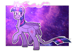 Size: 4092x2893 | Tagged: safe, artist:blueonegone, twilight sparkle, alicorn, pony, g4, abstract background, chest fluff, colored hooves, glowing horn, high res, horn, leonine tail, looking back, magic, smiling, solo, tail feathers, tail fluff, twilight sparkle (alicorn)