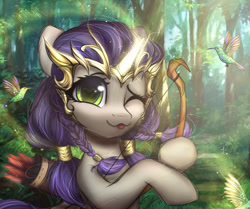 Size: 1280x1071 | Tagged: safe, artist:radioaxi, oc, oc only, oc:moonsonat, bird, hummingbird, pony, unicorn, arrow, bow (weapon), bow and arrow, braid, cute, forest, glowing horn, heart eyes, horn, jewelry, ocbetes, one eye closed, quiver, scenery, solo, tiara, tongue out, weapon, wingding eyes, wink
