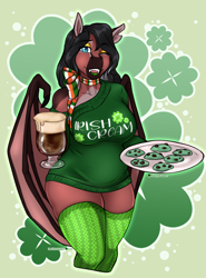 Size: 2682x3633 | Tagged: safe, artist:blackblood-queen, oc, oc only, oc:lady lovegreen, dracony, dragon, hybrid, anthro, unguligrade anthro, alcohol, anthro oc, beer, big breasts, blaze (coat marking), bow, breasts, clothes, clover, coat markings, cookie, curvy, digital art, eyeshadow, facial markings, female, food, high res, holiday, lips, lipstick, makeup, milf, mother, off shoulder, one eye closed, oversized clothes, oversized shirt, pale belly, plump, saint patrick's day, scarf, sexy, shirt, slightly chubby, slit pupils, socks, solo, stockings, sweater dress, thigh highs, thighs, torn ear, wide hips, wink, zettai ryouiki