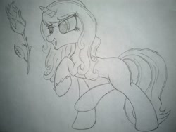 Size: 2016x1512 | Tagged: safe, artist:straighttothepointstudio, izzy moonbow, pony, unicorn, g5, black and white, bracelet, cute, flower, grayscale, happy, izzybetes, jewelry, long eyelashes, long hair, long mane, long tail, monochrome, open mouth, solo, traditional art
