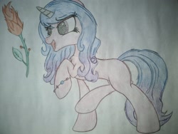 Size: 2016x1512 | Tagged: safe, artist:straighttothepointstudio, edit, izzy moonbow, pony, unicorn, g5, bracelet, colored, cute, flower, happy, izzybetes, jewelry, long eyelashes, long hair, long mane, long tail, open mouth, solo, traditional art