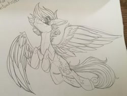 Size: 1080x815 | Tagged: safe, artist:moshi.poni, oc, oc only, pegasus, pony, eyelashes, female, flying, lineart, mare, pegasus oc, signature, smiling, solo, traditional art, two toned wings, wings
