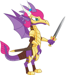 Size: 3368x3824 | Tagged: safe, artist:andrevus, oc, oc only, oc:pinkmane, dragon, armor, dragonified, high res, not tempest shadow, scabbard, simple background, solo, species swap, sword, transparent background, weapon