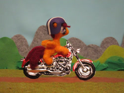 Size: 3648x2736 | Tagged: safe, alternate version, artist:malte279, part of a set, scootaloo, pegasus, pony, g4, craft, felting, female, harley davidson, helmet, high res, irl, metal foil, motorcycle, needle felted, photo, plushie, relief, sculpture, wings